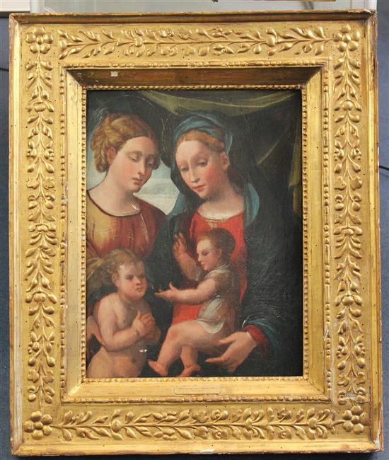 School of Girolamo Dai Libri (1474-1555) Virgin and child with attendants, 19 x 14.5in.